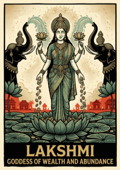 Lakshmi poster featuring the goddess of wealth with elephants in a vintage illustration