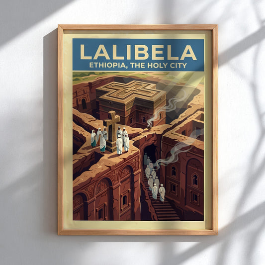 Travel poster of Lalibela Ethiopia featuring rock-hewn churches and figures in white robes.