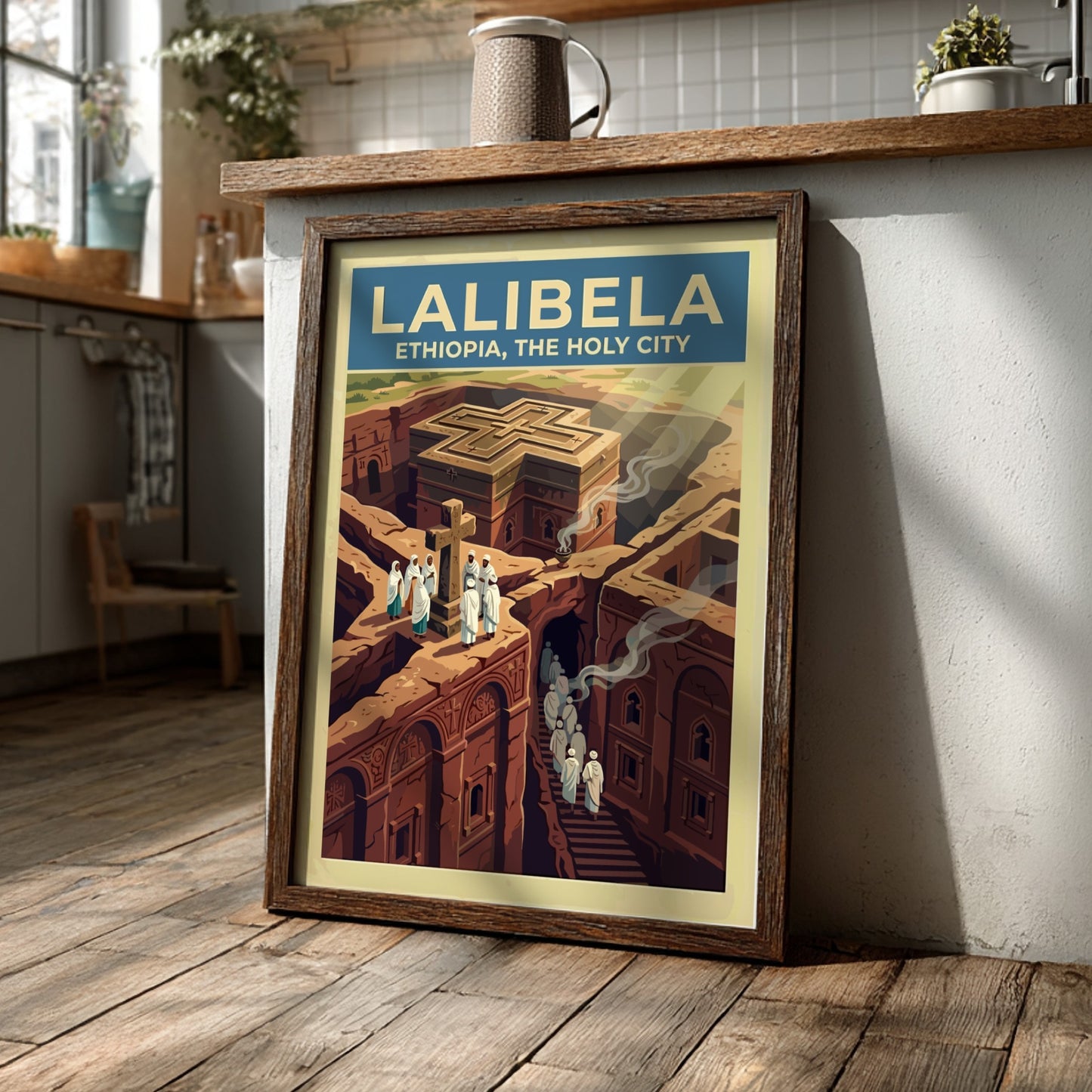 Travel poster of Lalibela Ethiopia featuring rock-hewn churches and figures in white robes.