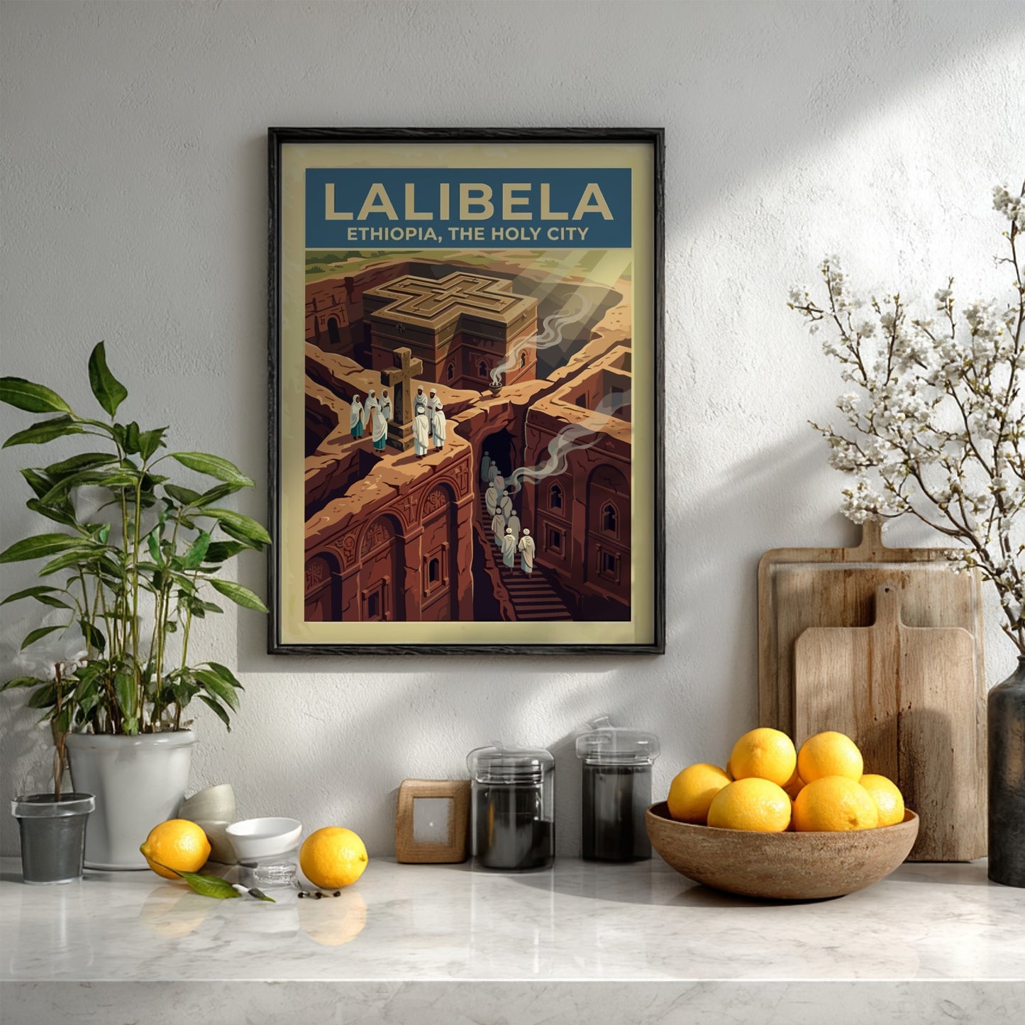Travel poster of Lalibela Ethiopia featuring rock-hewn churches and figures in white robes.