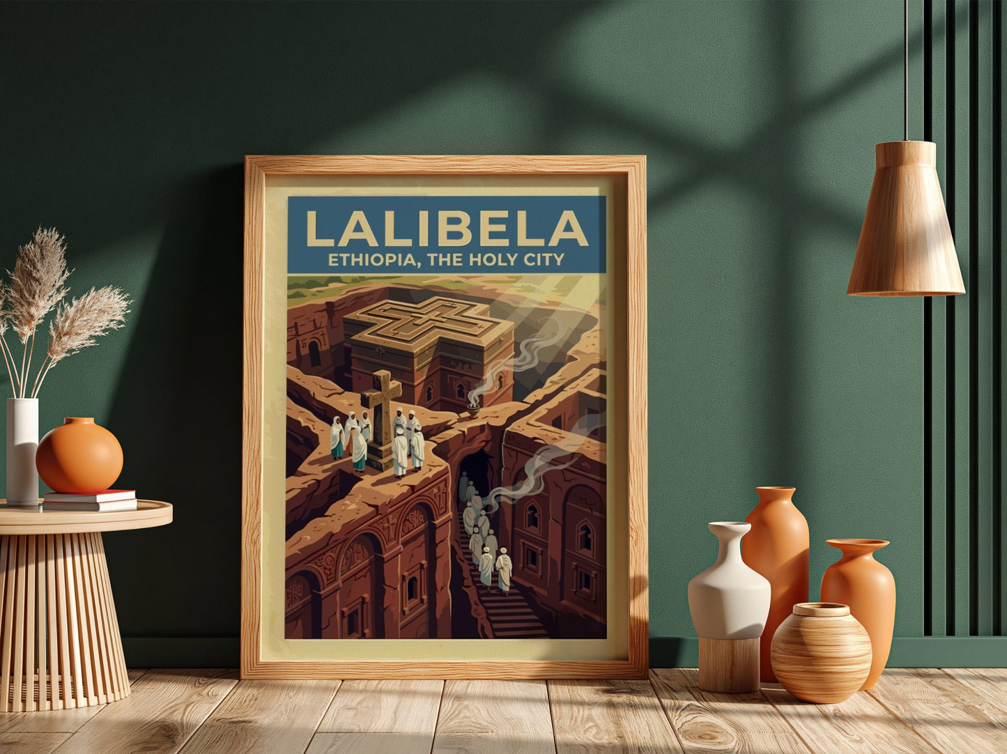 Travel poster of Lalibela Ethiopia featuring rock-hewn churches and figures in white robes.