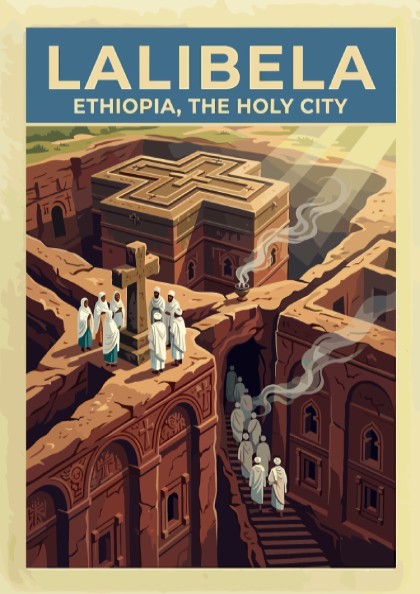 Travel poster of Lalibela Ethiopia featuring rock-hewn churches and figures in white robes.