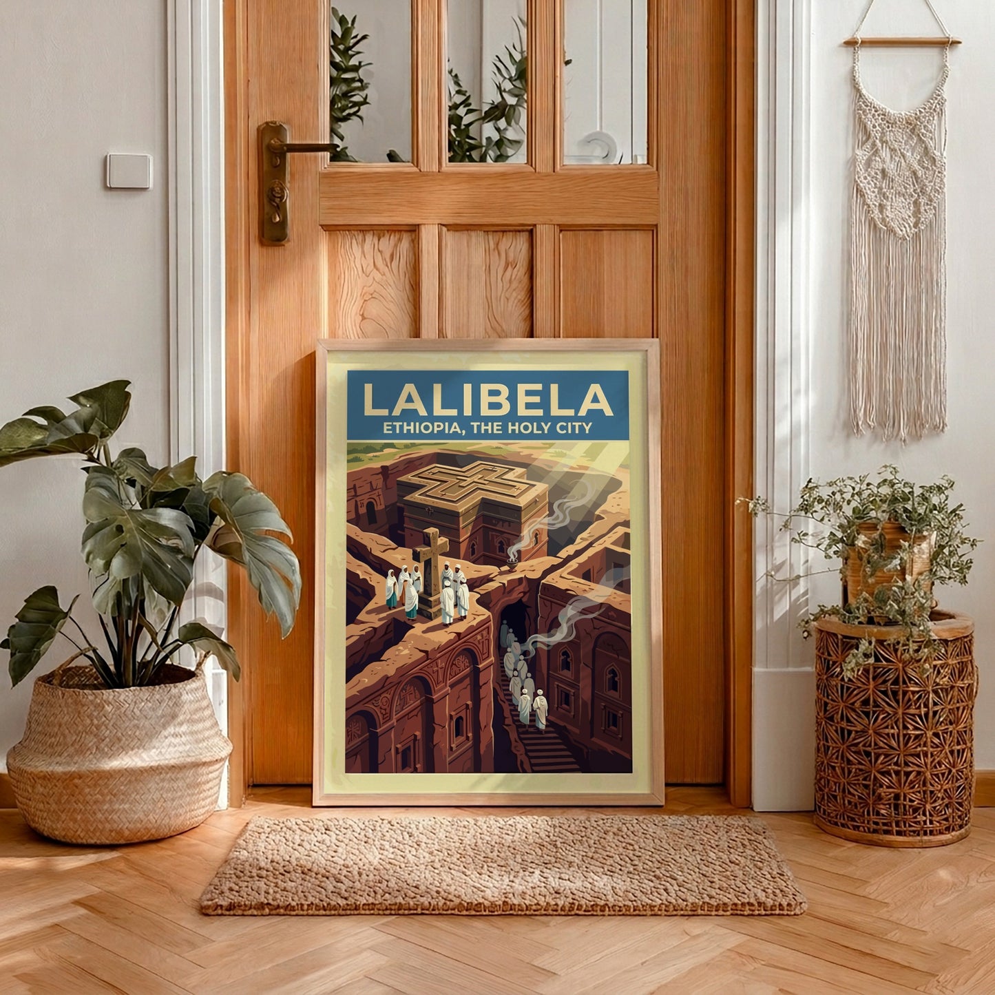 Travel poster of Lalibela Ethiopia featuring rock-hewn churches and figures in white robes.