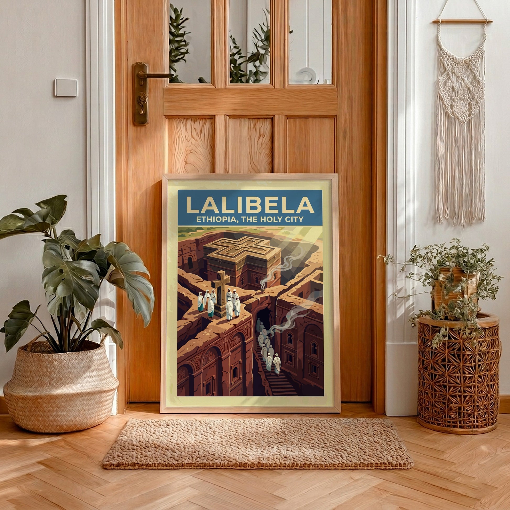 Travel poster of Lalibela Ethiopia featuring rock-hewn churches and figures in white robes.