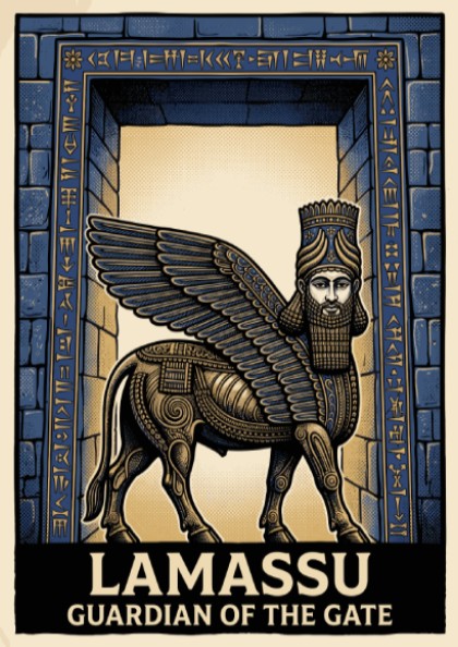 Poster featuring a winged Mesopotamian Lamassu guardian in blue and bronze stone relief style.