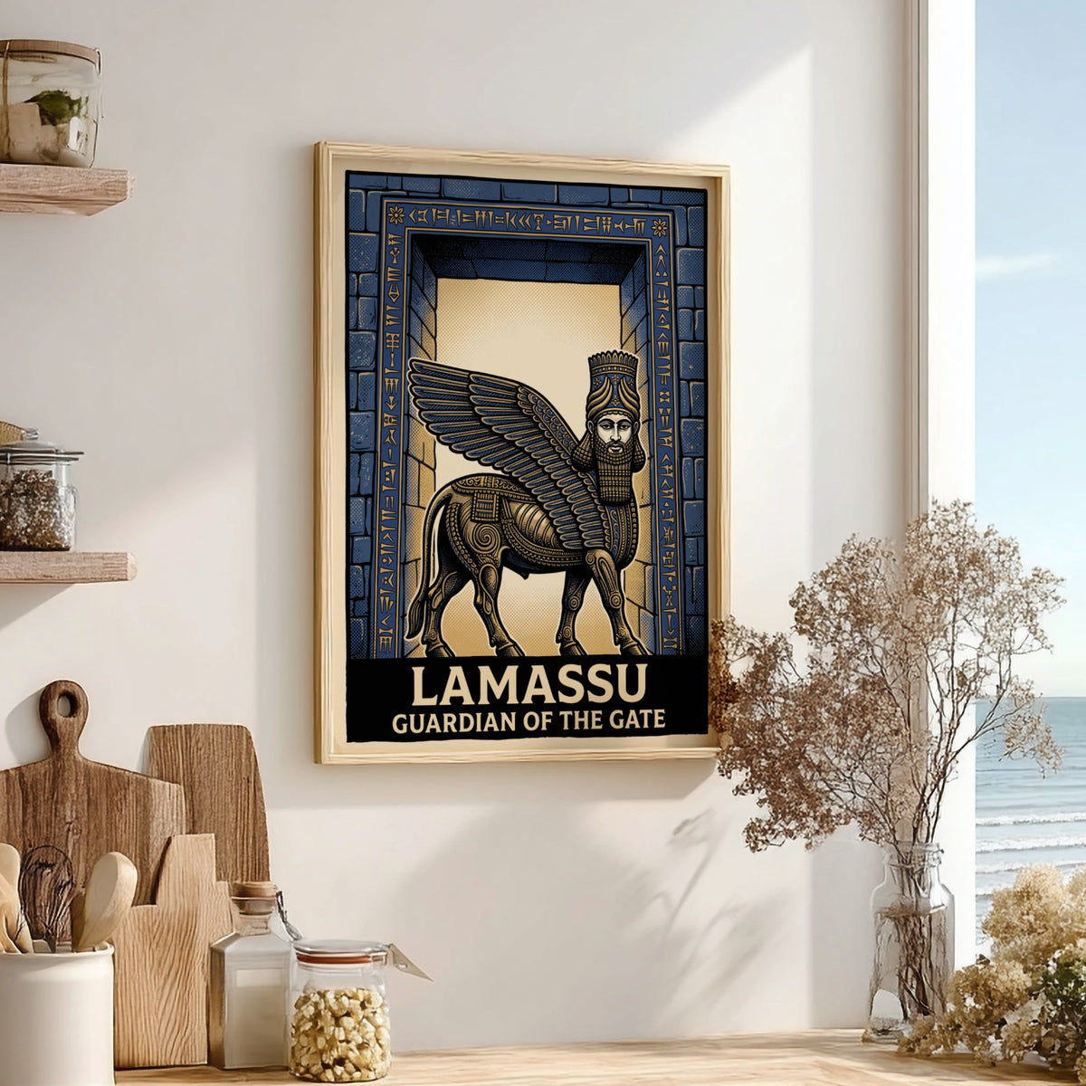 Poster featuring a winged Mesopotamian Lamassu guardian in blue and bronze stone relief style.