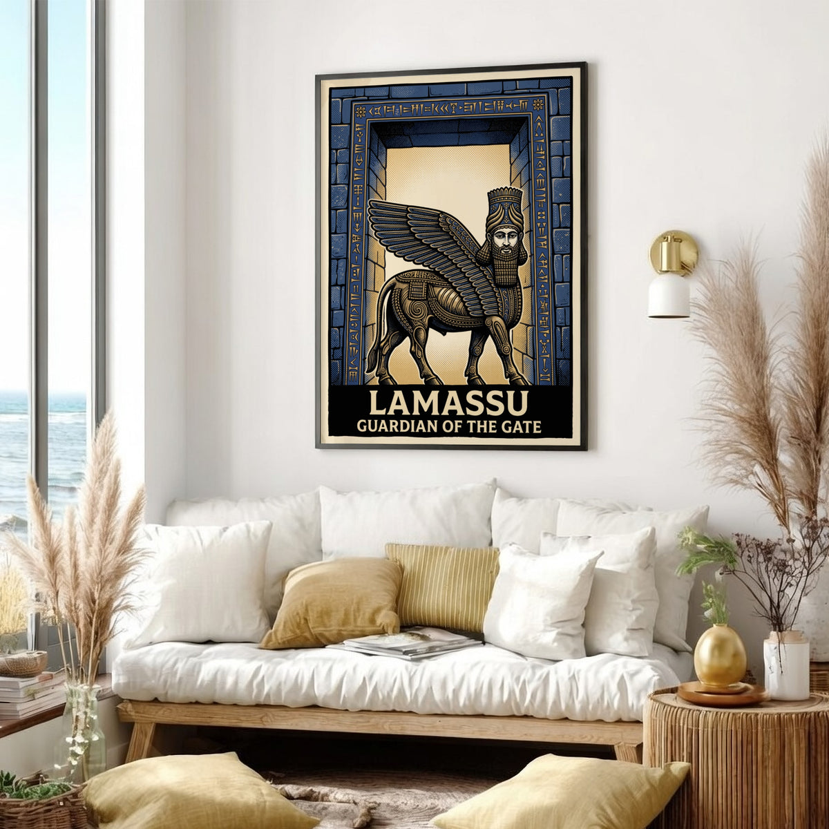 Poster featuring a winged Mesopotamian Lamassu guardian in blue and bronze stone relief style.
