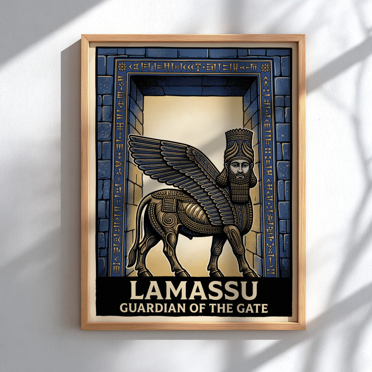 Poster featuring a winged Mesopotamian Lamassu guardian in blue and bronze stone relief style.