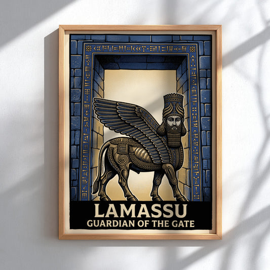 Poster featuring a winged Mesopotamian Lamassu guardian in blue and bronze stone relief style.