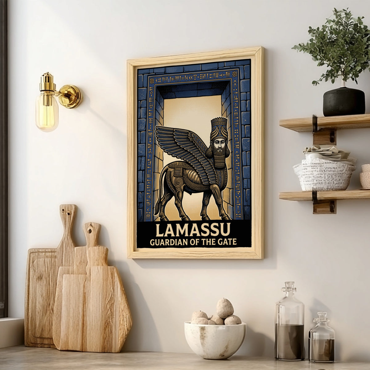 Poster featuring a winged Mesopotamian Lamassu guardian in blue and bronze stone relief style.