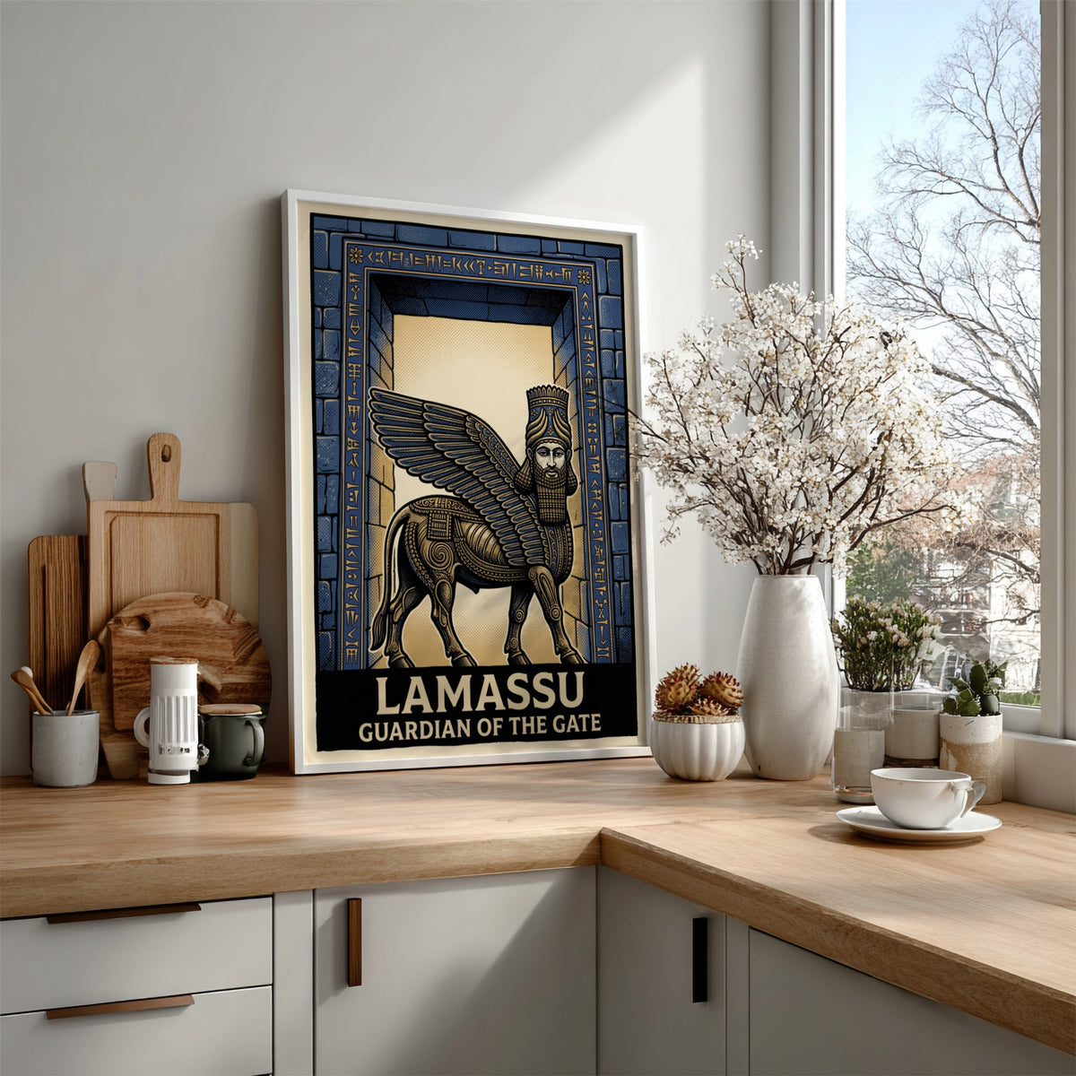 Poster featuring a winged Mesopotamian Lamassu guardian in blue and bronze stone relief style.