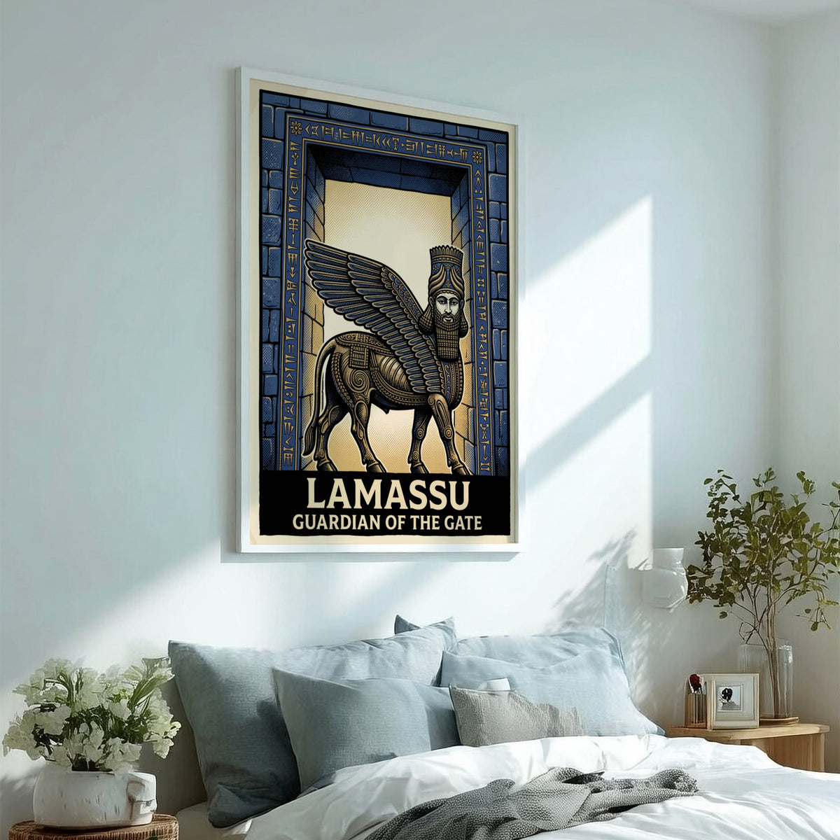 Poster featuring a winged Mesopotamian Lamassu guardian in blue and bronze stone relief style.