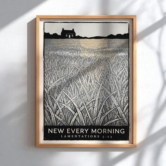 Poster featuring a dew-covered meadow with a farmhouse and New Every Morning text.