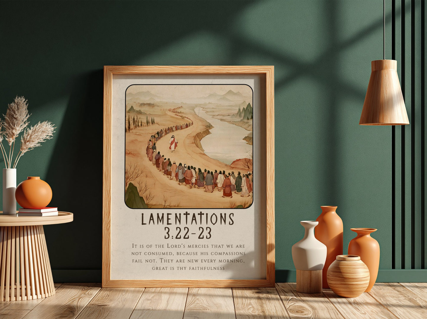 Lamentations 3:22-23 poster featuring a serene landscape and procession, warm earthy tones, religious wall