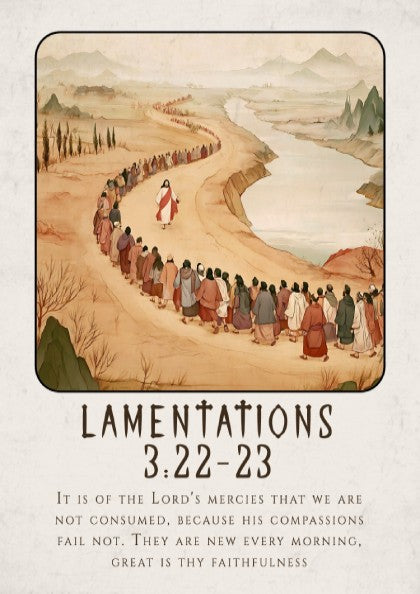 Lamentations 3:22-23 poster featuring a serene landscape and procession, warm earthy tones, religious wall