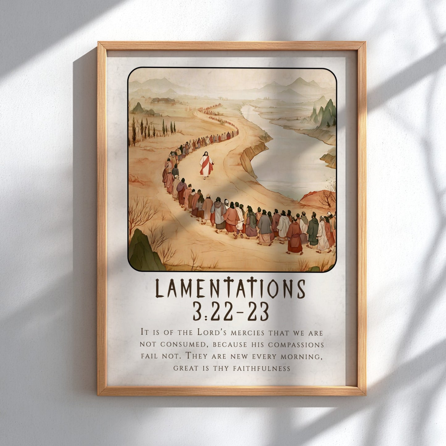Lamentations 3:22-23 poster featuring a serene landscape and procession, warm earthy tones, religious wall
