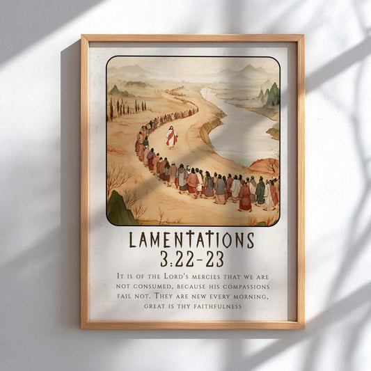 Lamentations 3:22-23 poster featuring a serene landscape and procession, warm earthy tones, religious wall
