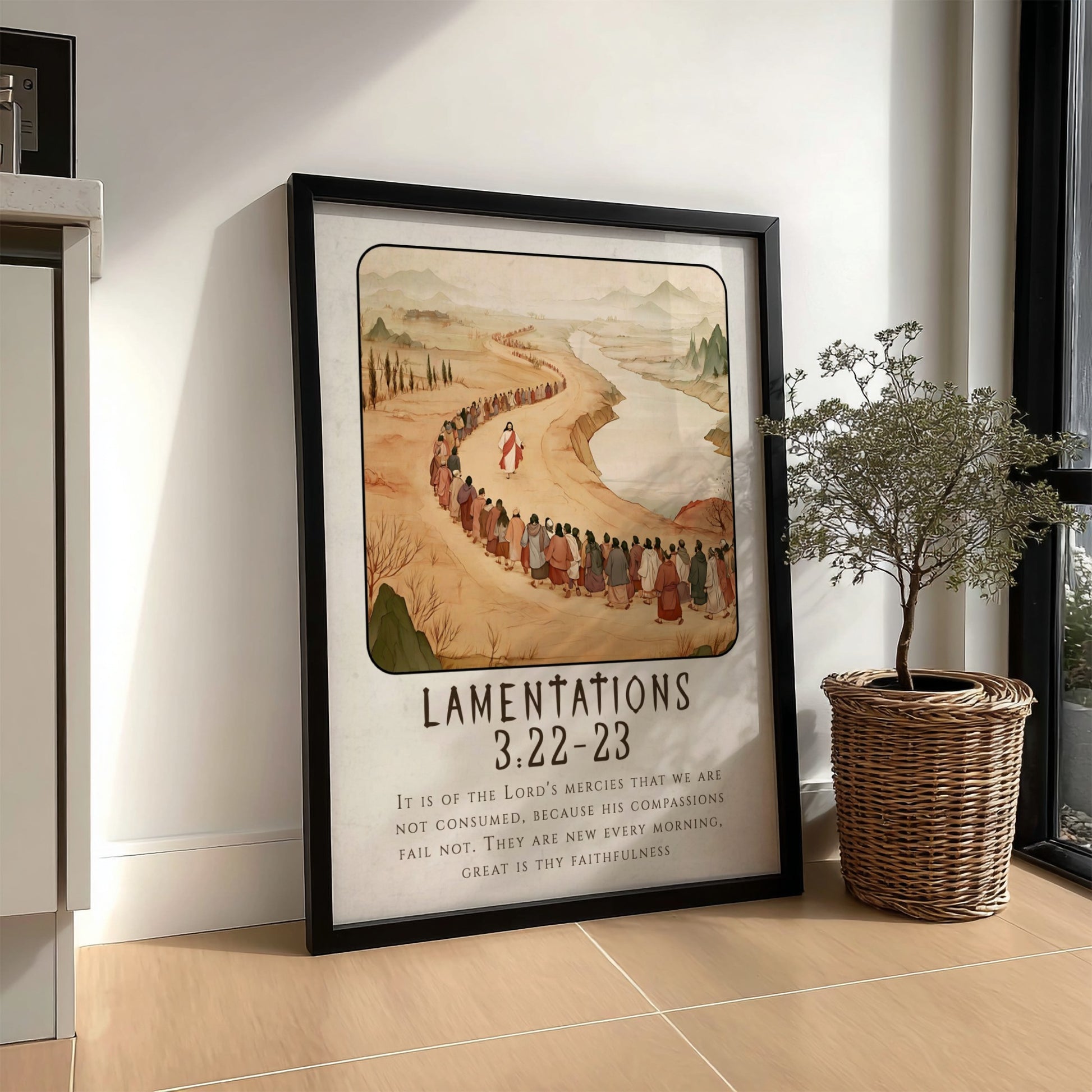 Lamentations 3:22-23 poster featuring a serene landscape and procession, warm earthy tones, religious wall
