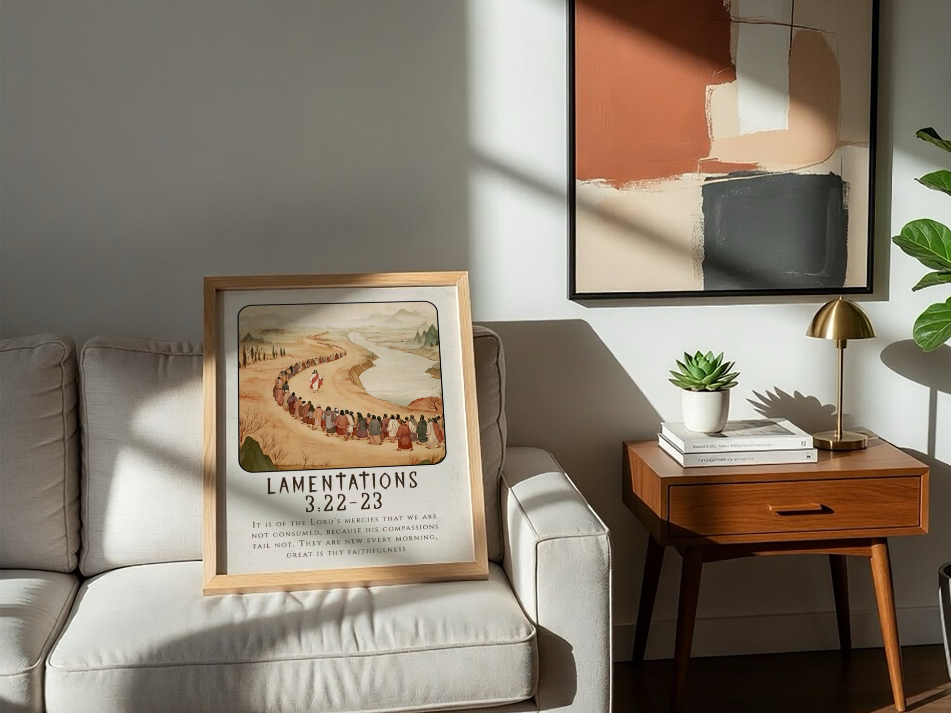 Lamentations 3:22-23 poster featuring a serene landscape and procession, warm earthy tones, religious wall