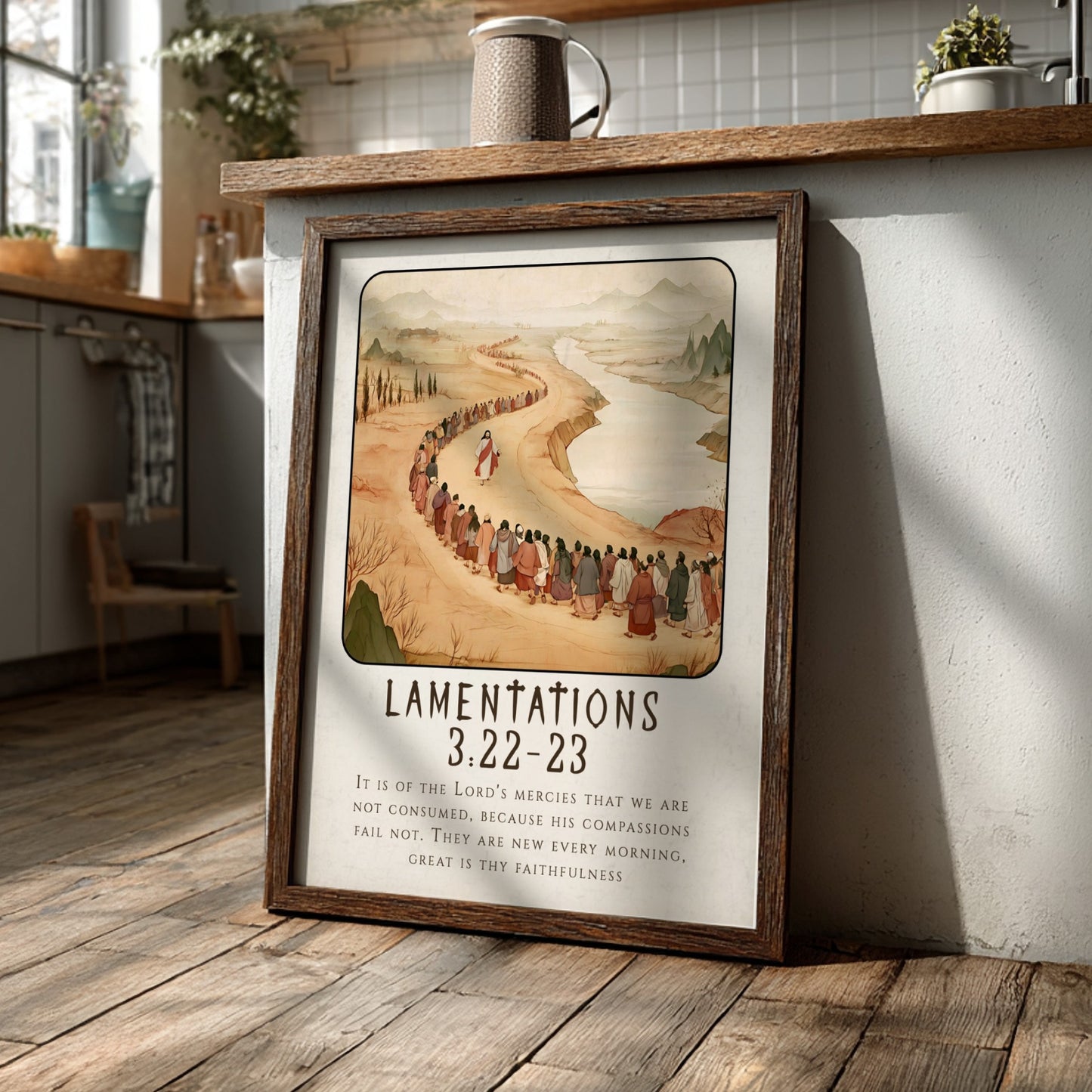 Lamentations 3:22-23 poster featuring a serene landscape and procession, warm earthy tones, religious wall