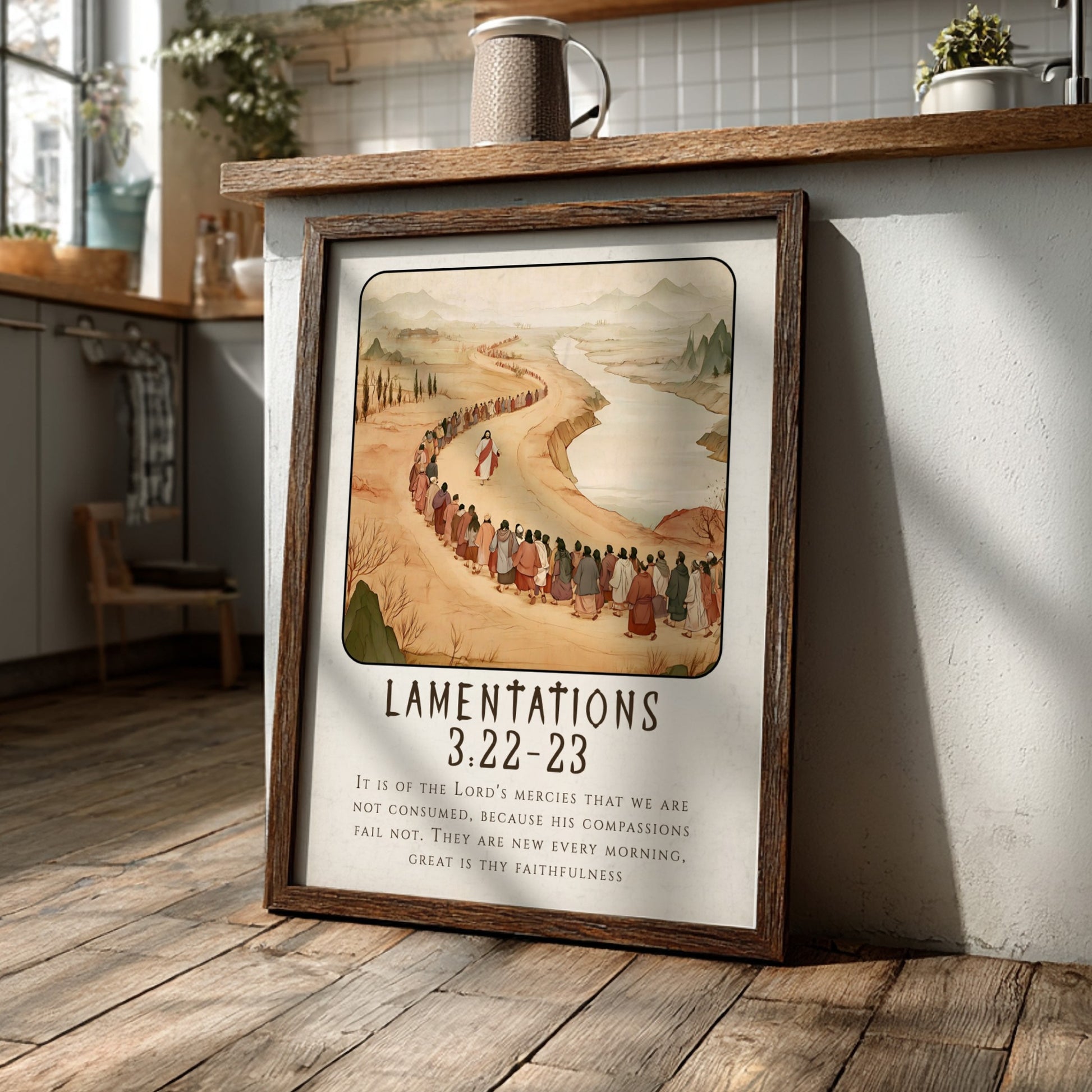 Lamentations 3:22-23 poster featuring a serene landscape and procession, warm earthy tones, religious wall