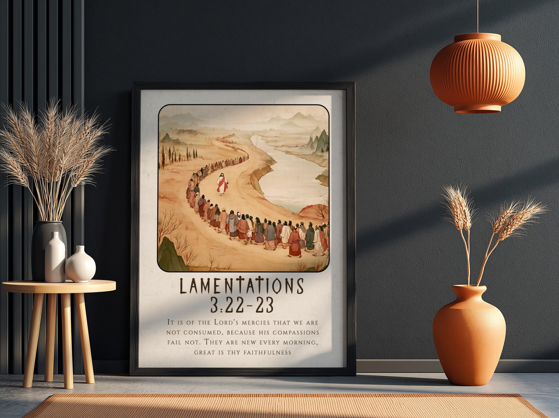 Lamentations 3:22-23 poster featuring a serene landscape and procession, warm earthy tones, religious wall