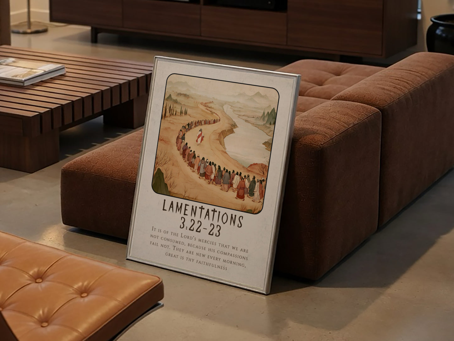Lamentations 3:22-23 poster featuring a serene landscape and procession, warm earthy tones, religious wall