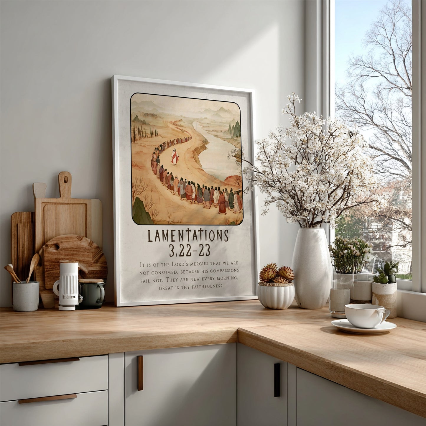 Lamentations 3:22-23 poster featuring a serene landscape and procession, warm earthy tones, religious wall