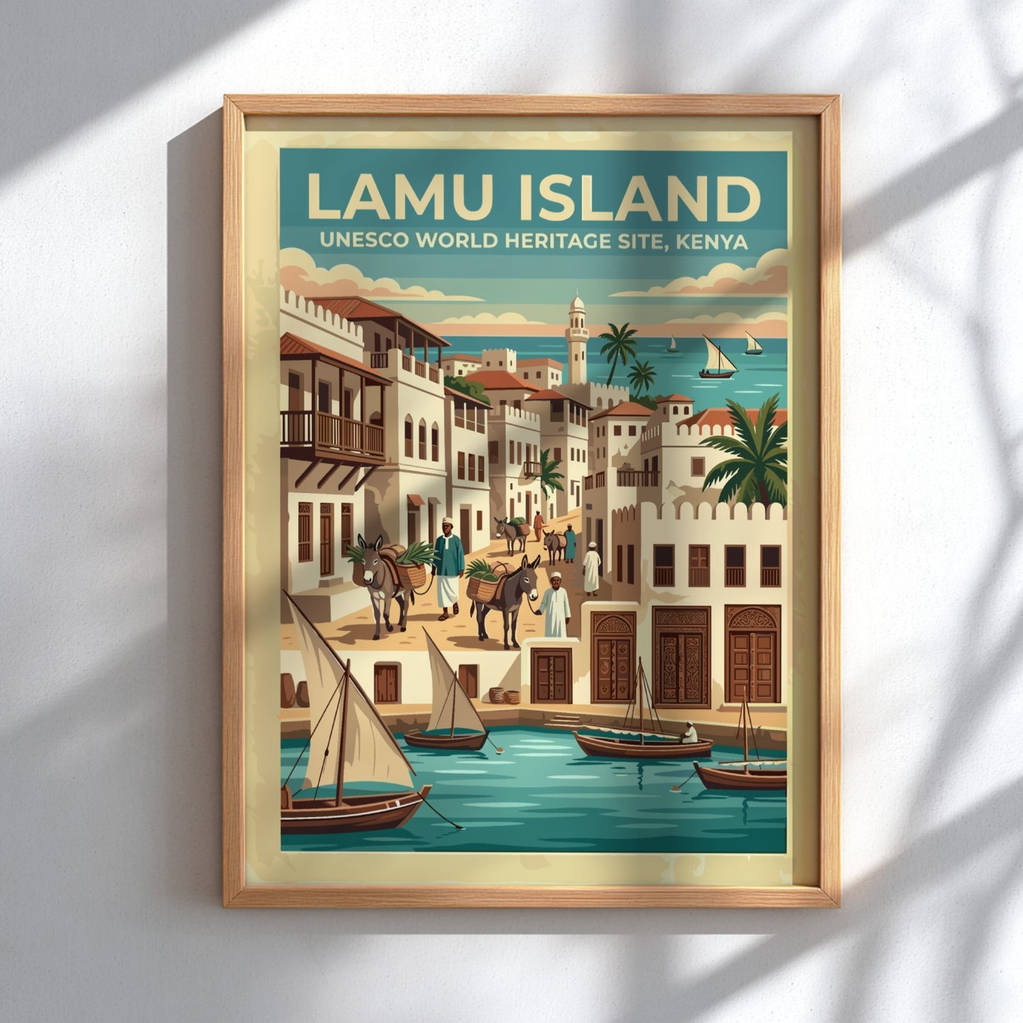 Travel poster of Lamu Island featuring traditional dhow boats and historic stone buildings.