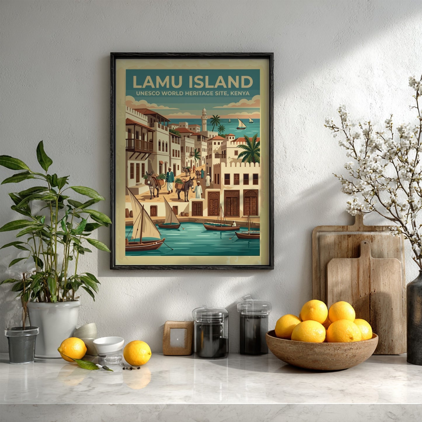 Travel poster of Lamu Island featuring traditional dhow boats and historic stone buildings.