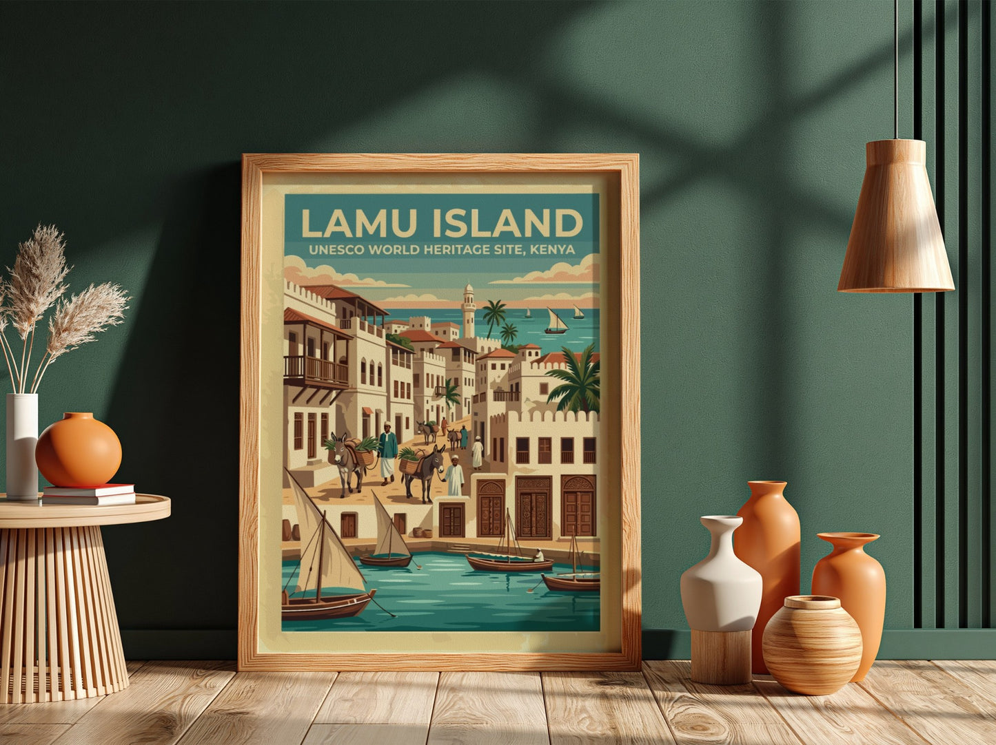 Travel poster of Lamu Island featuring traditional dhow boats and historic stone buildings.