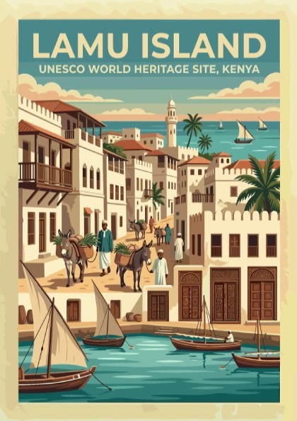 Travel poster of Lamu Island featuring traditional dhow boats and historic stone buildings.