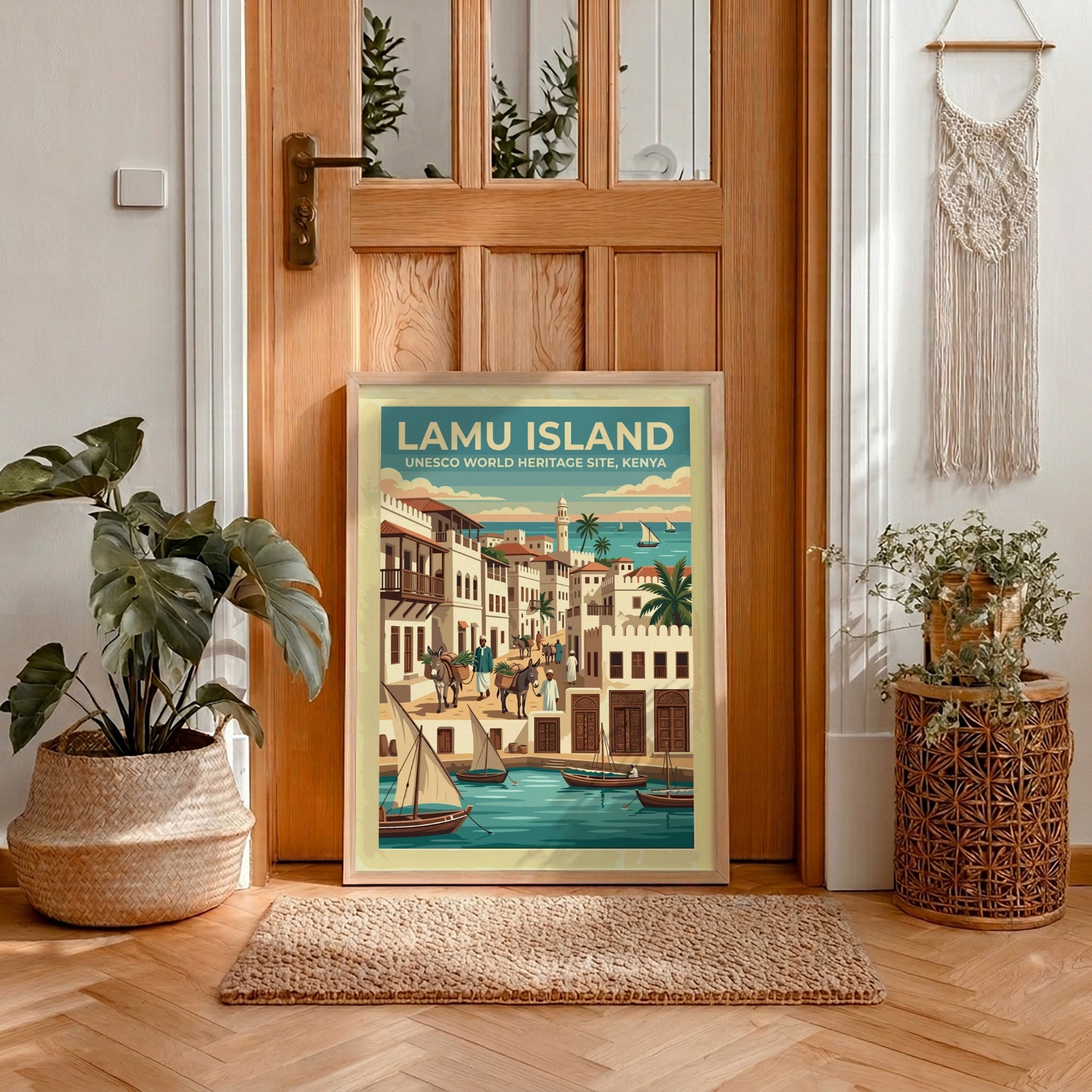 Travel poster of Lamu Island featuring traditional dhow boats and historic stone buildings.