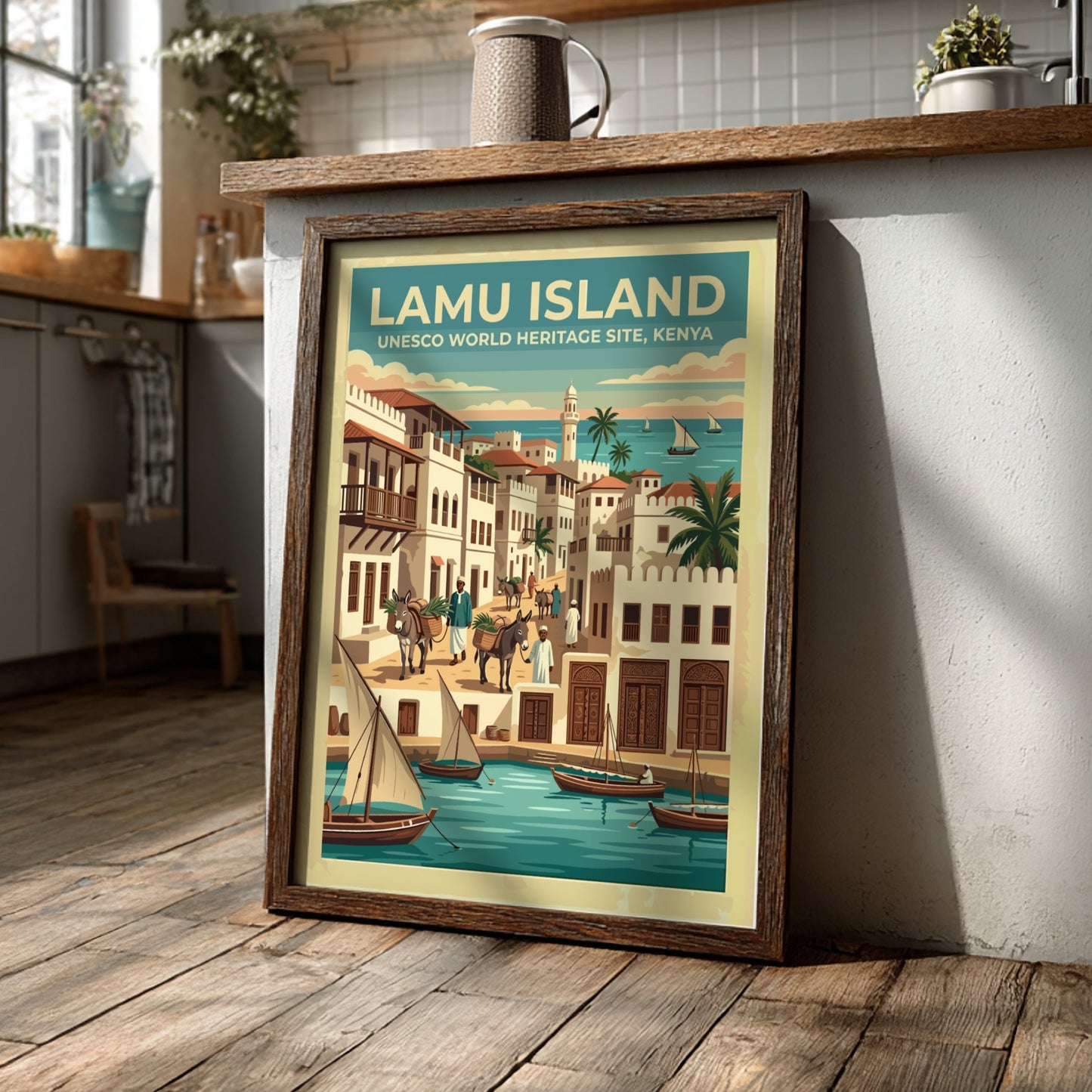Travel poster of Lamu Island featuring traditional dhow boats and historic stone buildings.