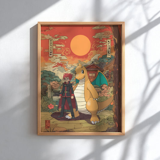 Framed artwork of Lance and Dragonite Pokemon against a sunset backdrop