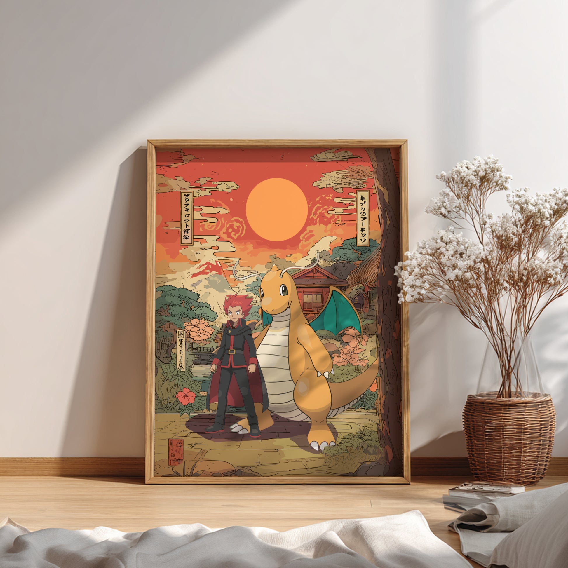 Framed artwork of Lance and Dragonite Pokemon in a scenic setting on a wall.