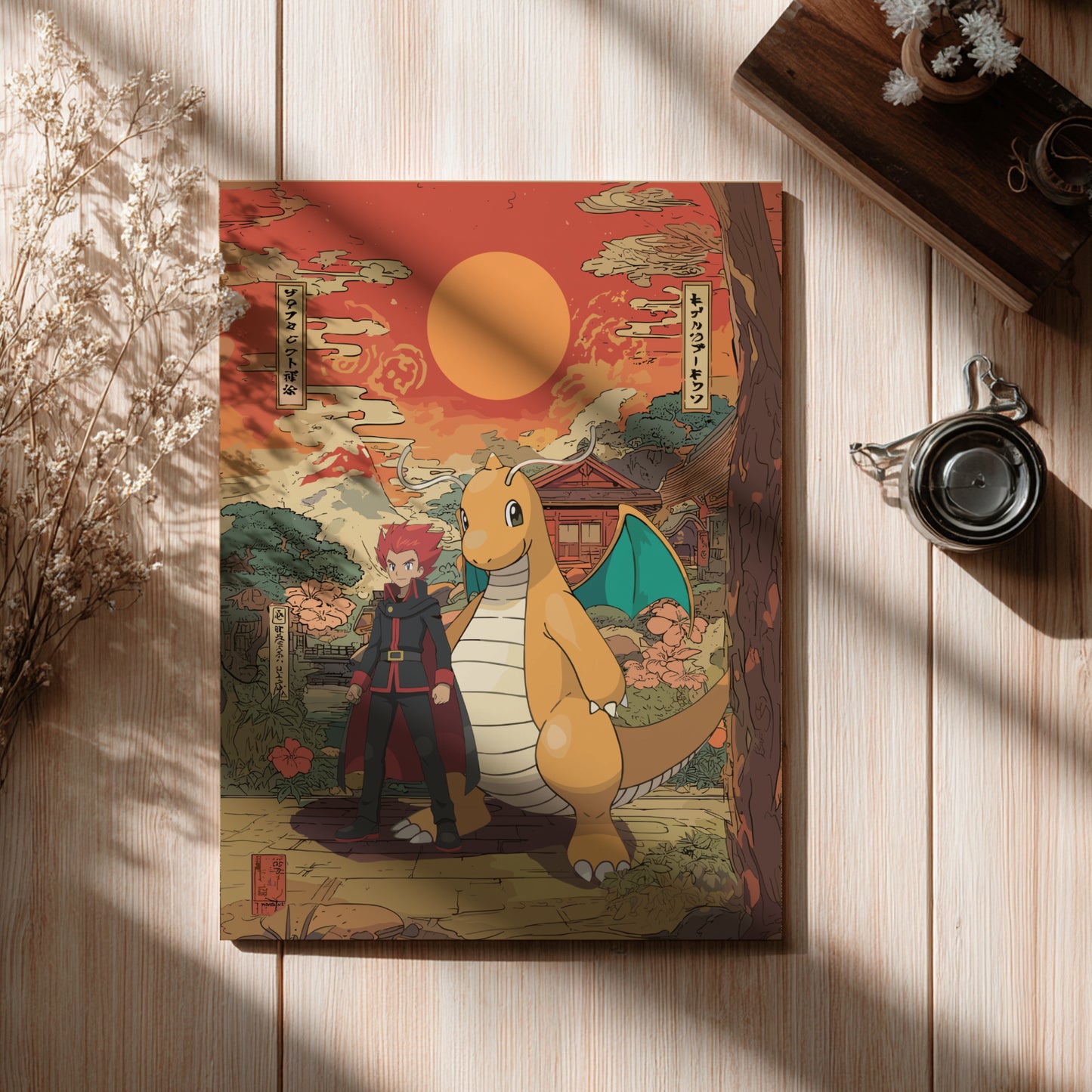 Poster with Lance and Dragonite Pokemon illustration on a wooden surface