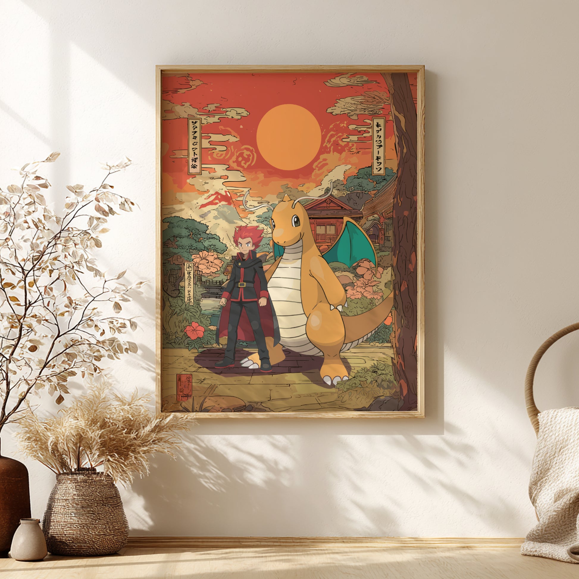 Framed artwork of Lance and Dragonite Pokemon in a decorative setting