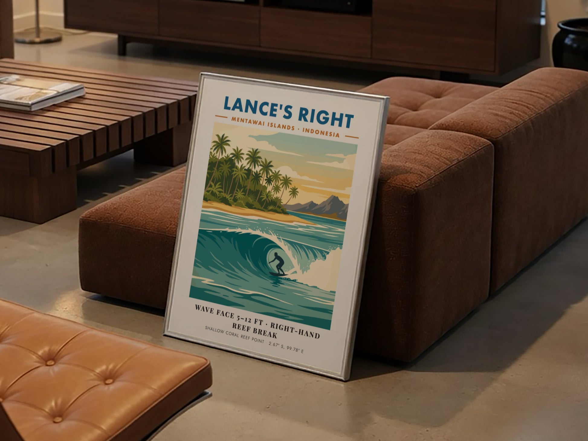 Surf travel poster of Lance's Right in the Mentawai Islands featuring a barrel wave.