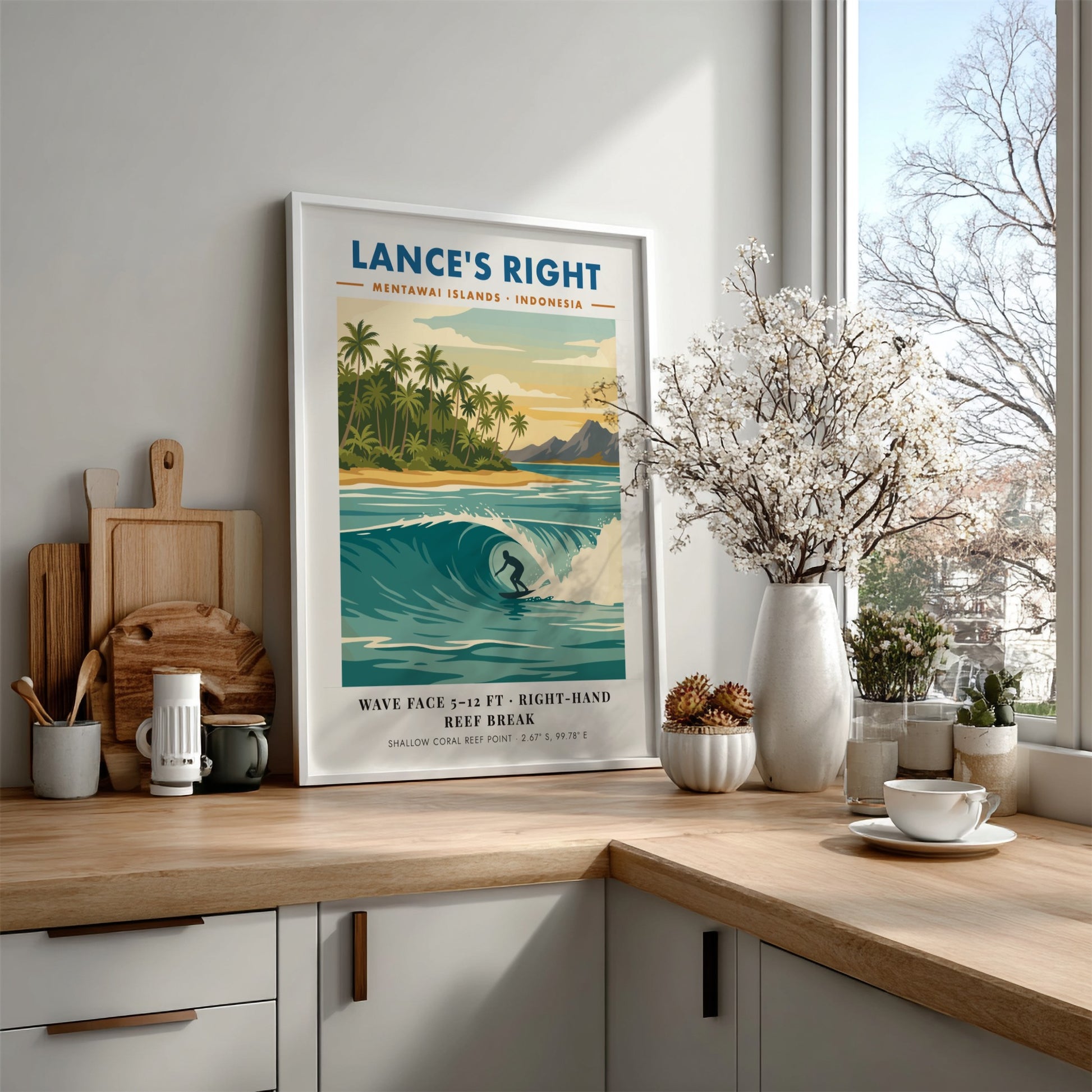 Surf travel poster of Lance's Right in the Mentawai Islands featuring a barrel wave.