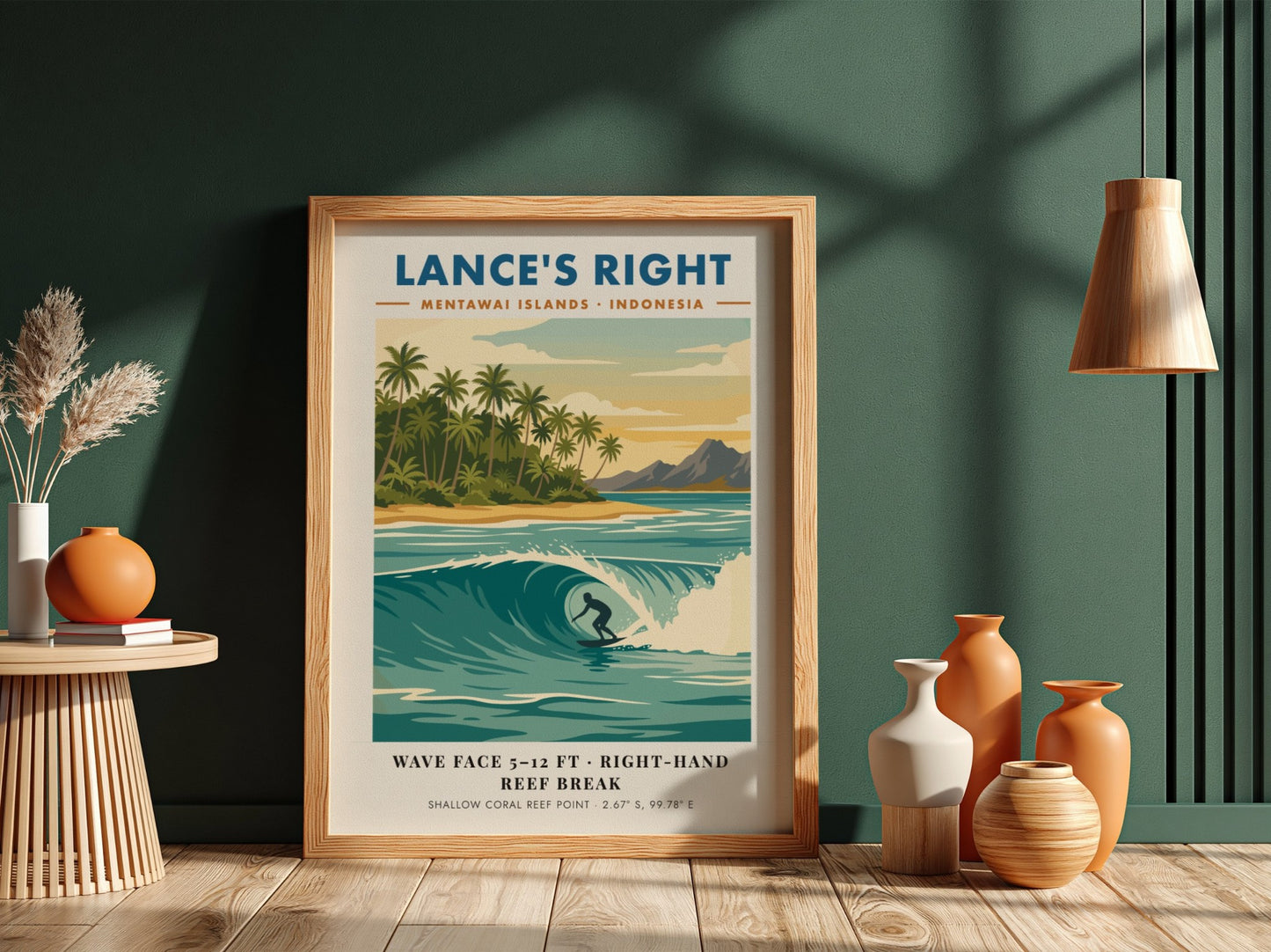 Surf travel poster of Lance's Right in the Mentawai Islands featuring a barrel wave.