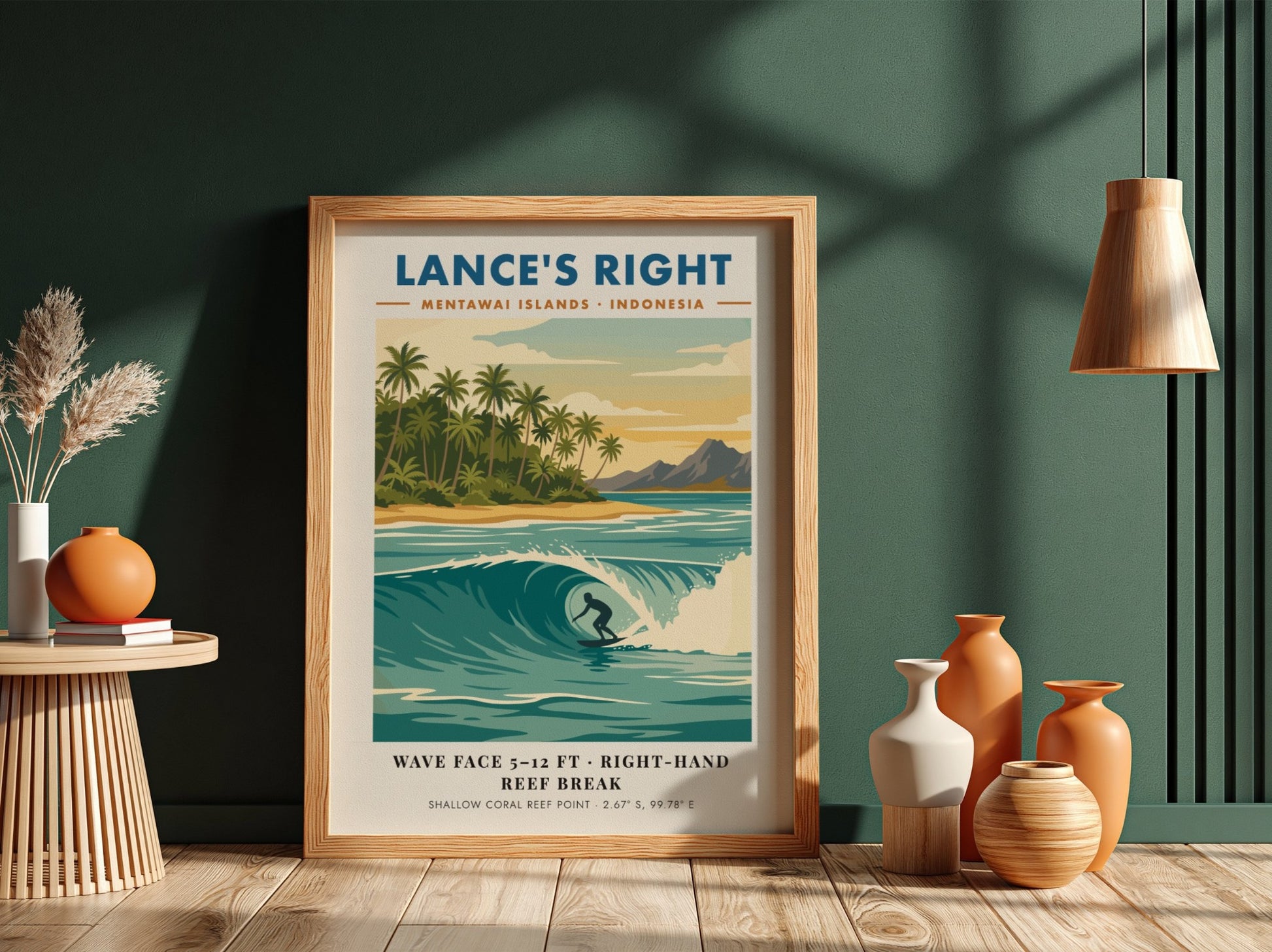 Surf travel poster of Lance's Right in the Mentawai Islands featuring a barrel wave.