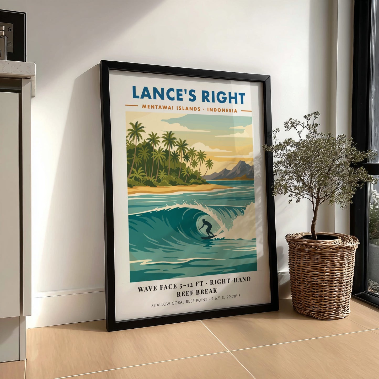 Surf travel poster of Lance's Right in the Mentawai Islands featuring a barrel wave.