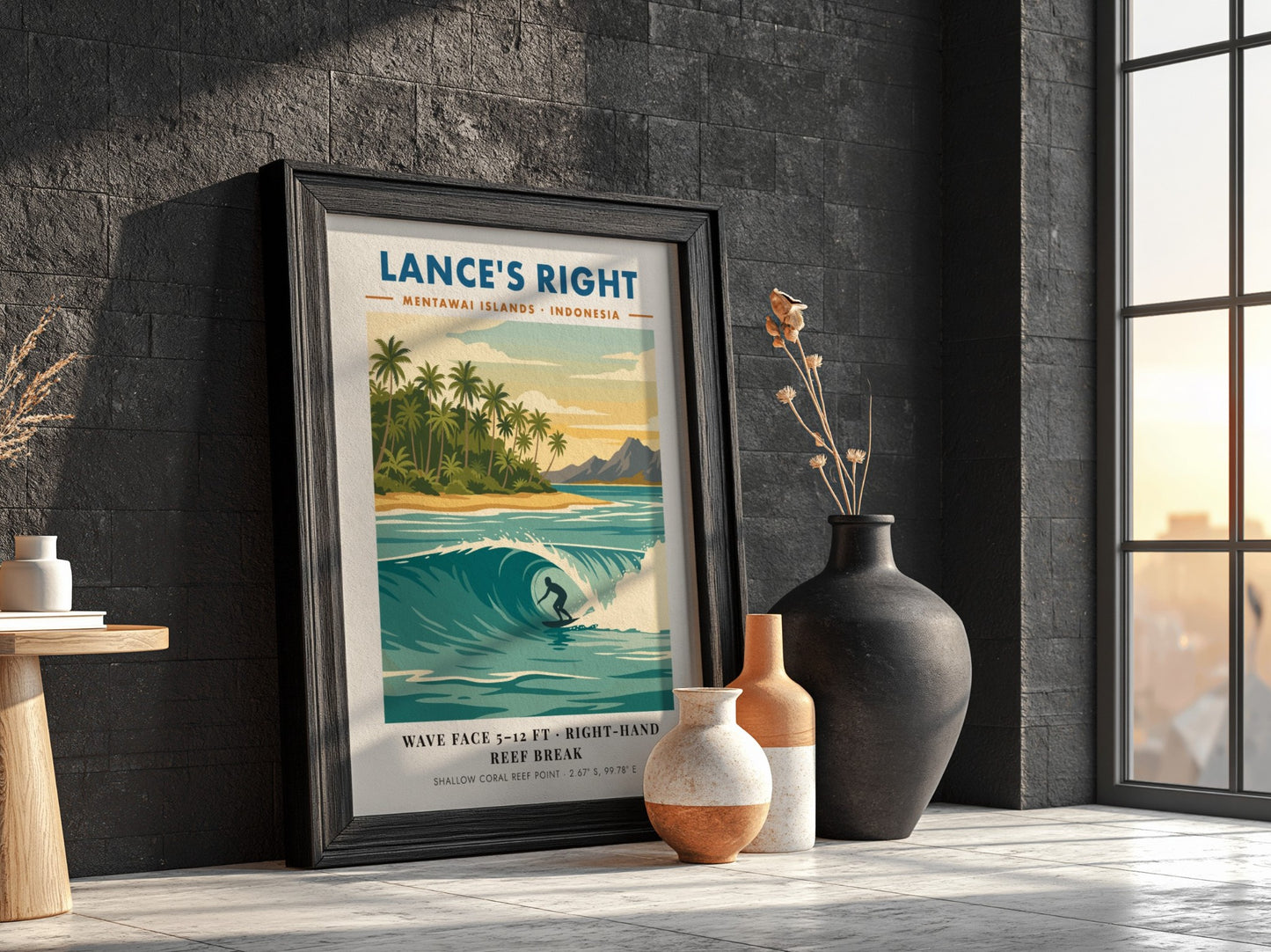 Surf travel poster of Lance's Right in the Mentawai Islands featuring a barrel wave.