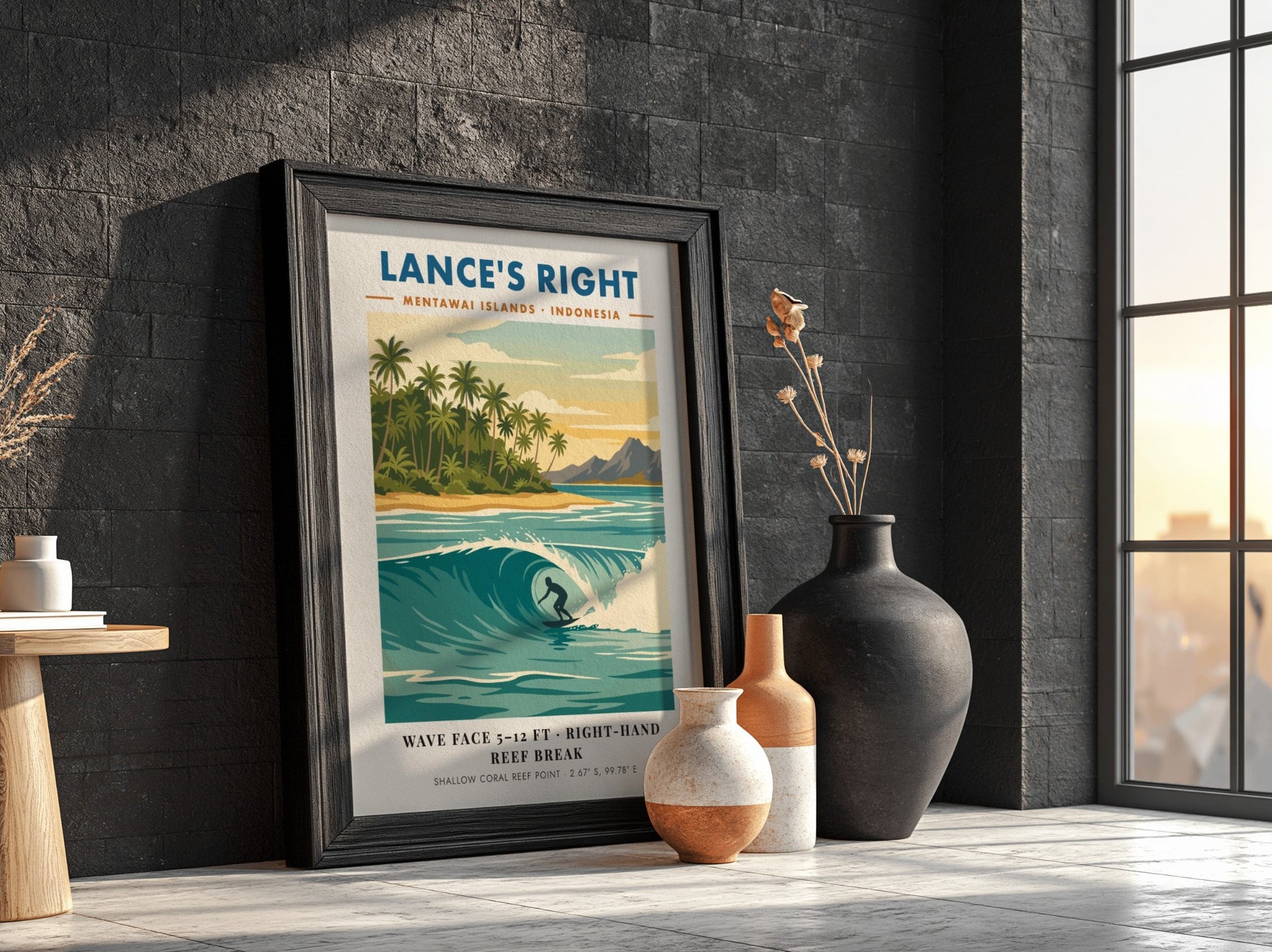 Surf travel poster of Lance's Right in the Mentawai Islands featuring a barrel wave.