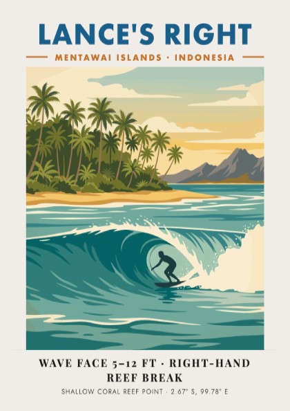 Surf travel poster of Lance's Right in the Mentawai Islands featuring a barrel wave.