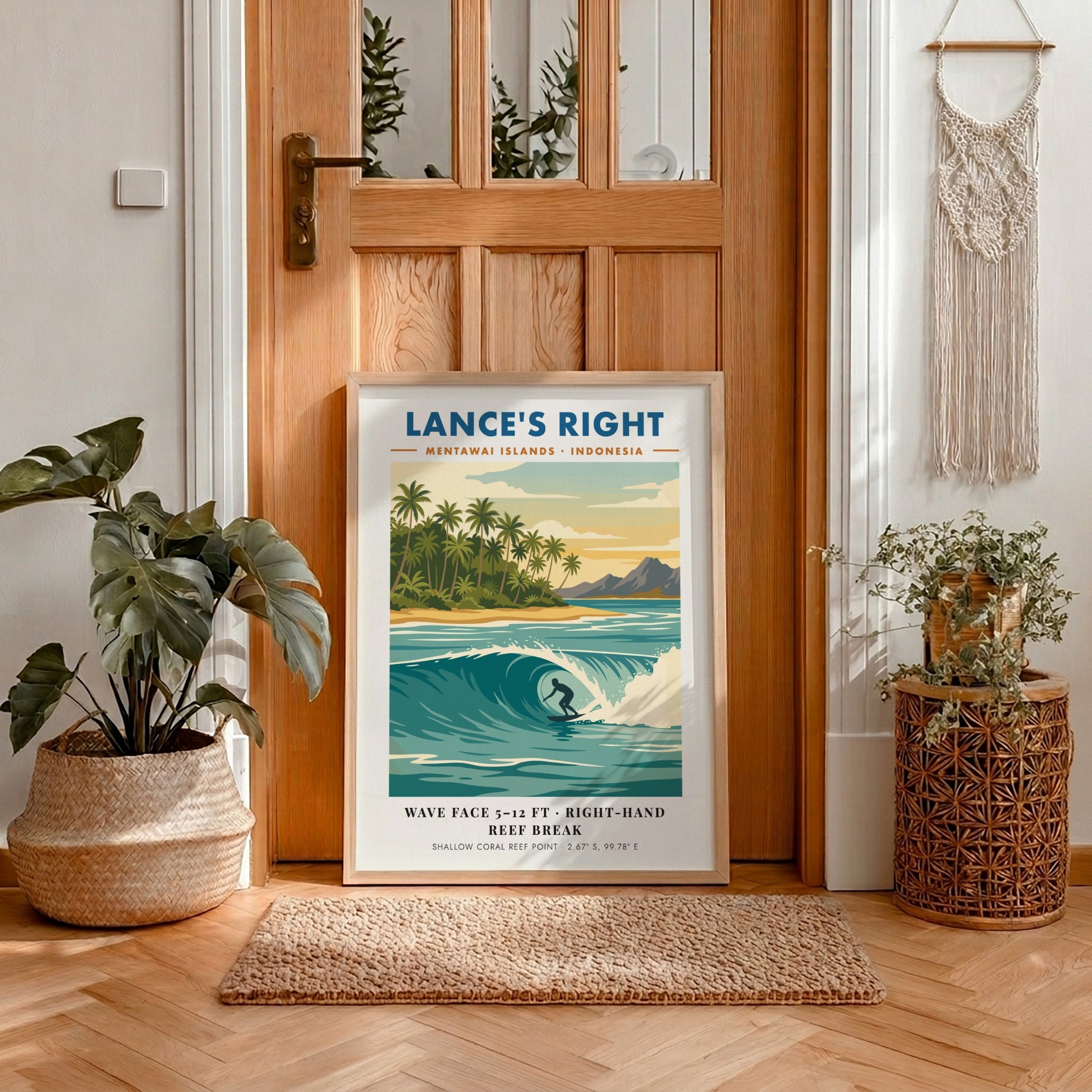 Surf travel poster of Lance's Right in the Mentawai Islands featuring a barrel wave.