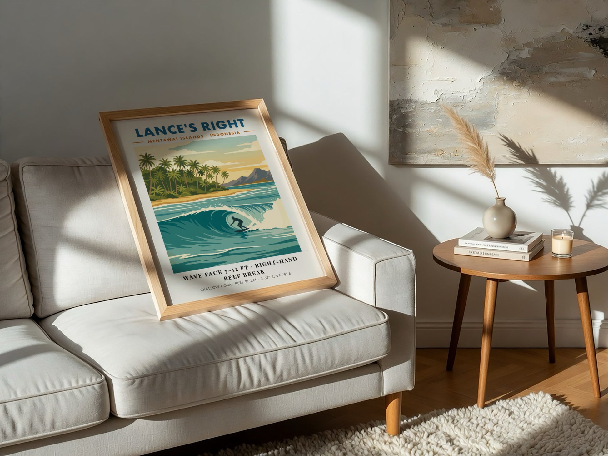 Surf travel poster of Lance's Right in the Mentawai Islands featuring a barrel wave.