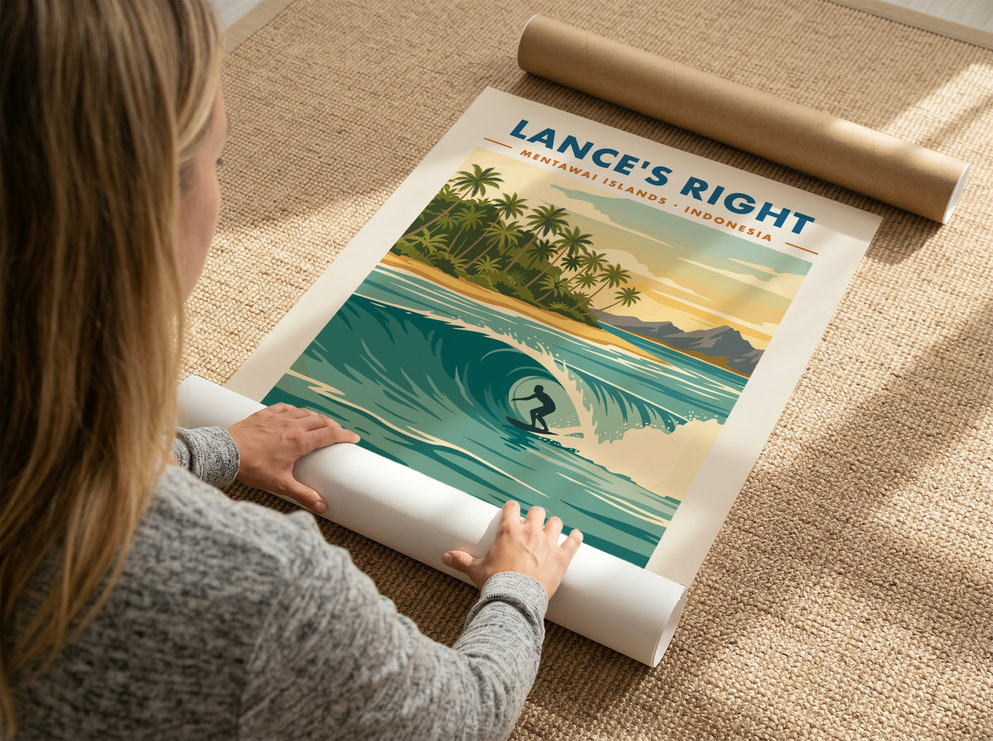 Surf travel poster of Lance's Right in the Mentawai Islands featuring a barrel wave.