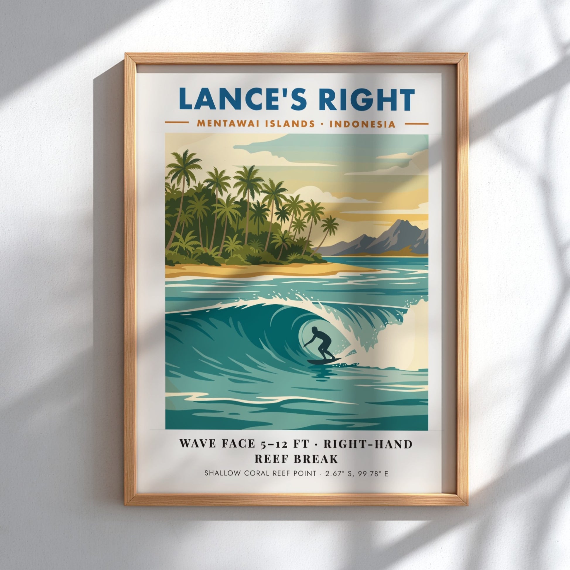 Surf travel poster of Lance's Right in the Mentawai Islands featuring a barrel wave.